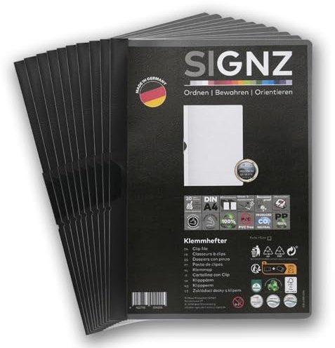 SIGNZ Klemmhefter DIN A4, 25 Stück, schwarz, Für bis zu 30 Blatt, CO2-neutral hergestellt, made in Germany
