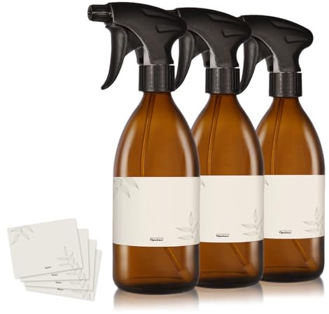 Oputec 3 Stück 500ml Sprühflaschen aus Glas zum Befüllen mit ergonomischem Sprühkopf + Etiketten - Leere Wassersprühflasche für Pflanzen, Blumen, Reinigungsmittel, Haarpflege und mehr