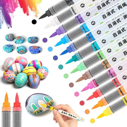 TWOHANDS 12 Colours Acrylic Paint Markers Set, Flexible Brush Tip, Fabric Pens, for Rock Painting Cermic Glass Stone Metal, 21700