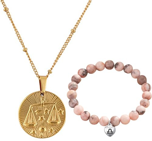 Caimeytie damen Sternzeichen Halskette und Armband Set-Sternbild halskette edelstahl-Münzanhänger-Elastisches Perlenarmband-Geburtstagsgeschenk Schmuck