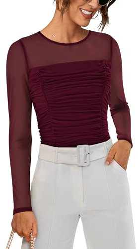 GRACE KARIN Ladies Basic Long Sleeves Tops Sheer Mesh Skim Tops Slim Fit Crew Neck Ruched Top Burgundy Red XL