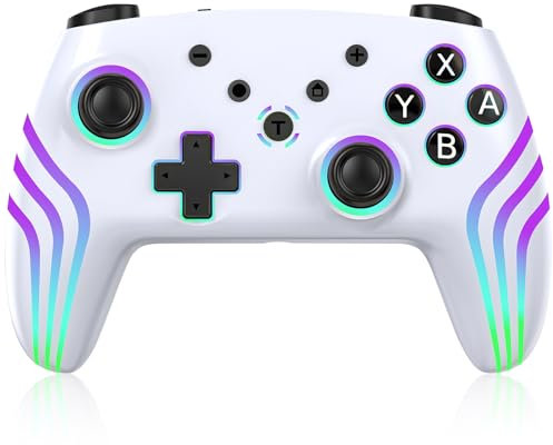 Manette de commutation, lumières RVB changeables, manette Switch Pro avec réveil/joysticks précis, gyroscope 6 axes/double shock/turbo, manette sans fil pour Switch/Lite/console OLED, blanc