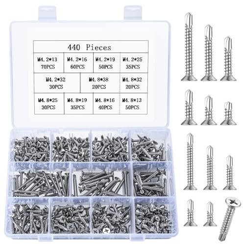 440 Pcs Vis Autoforeuse Metal, M4,8 M4,2 à Tôle Autoperceuses à Tête Fraisée Cruciforme, à Tête Plate, Vis Autoforante en Acier Inox, Vis Autotaraudeuses, Vis Autoperceuse pour Métal Bois