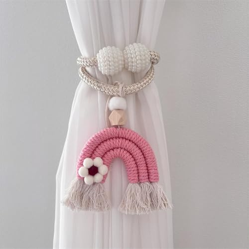 champracer 2 Stück Vorhänge Raffhalter Regenbogen Boho Vorhanghalter, Quasten Gardinenclips Raffhalter Seil, Gardinen Haken Ringe Regenbogen für Haus Kinderzimmer Dekoration (Rosa Blume)