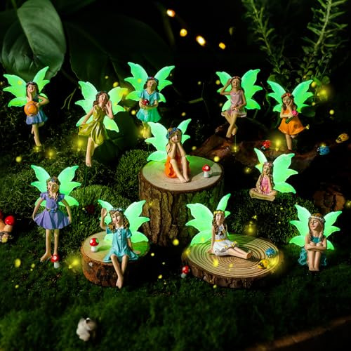 Suzile Lot de 11 mini figurines de fées miniatures en résine avec ailes lumineuses, accessoires de jardin pour extérieur, cour, plantes en pot et mini décorations de jardin