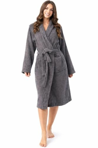 Ladies Robe Luxury Terry Towelling 100% Cotton Housecoat Loungewear Dressing Gown Highly Absorbent Hooded Wrap Everyday Bathrobe for Women (UK, Alpha, One Size, Regular, Regular, XL, Charcoal)