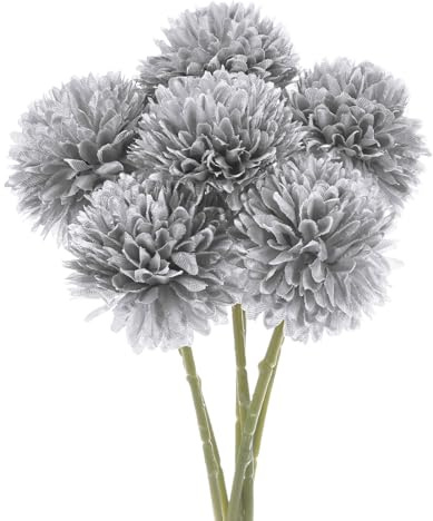 M METERXITY 6-Pack Flores de Bola de Crisantemo Artificial, 11 Ramo de Hortensias de Seda Falsa Toque Real Flores Falsas para Hogar/Boda/Navidad/Fiesta/Jardín Oficina [Plata]