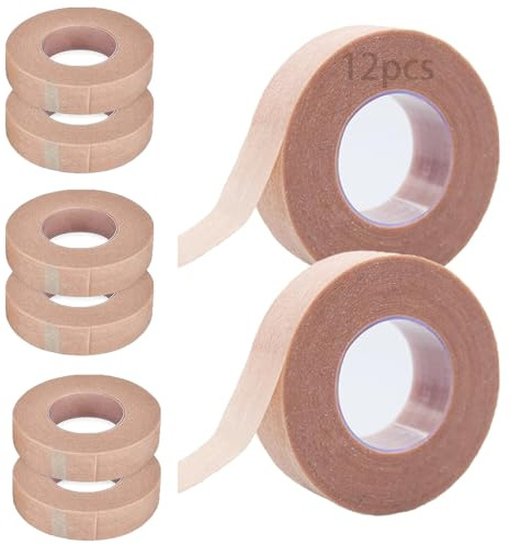 12 Rollen Micropore Tape, 1.25cm x 9.14m Wimpern Tape | Flexibles Hautband, Atmungsaktives Nasenband mit Schere, Kinesiotapes Hautfarben für Wundverletzungen Schwellungen Sport
