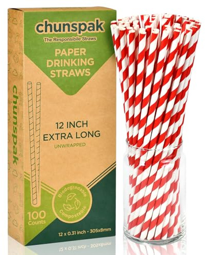 Lives on Green 30.5 x 0.8 cm, Extra-Long and Wide Disposable Paper Straws for Milkshakes, Smoothies, and Large Drinks - Red Stripes, Pack of 100, Biodegradable.