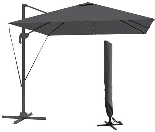 Outsunny Ombrellone da Giardino 2.5x2.5 m a Manovella Inclinabile, Ombrellone Decentrato a Braccio con Base Girevole a 360° e Presa d'Aria, in Poliestere e Alluminio, UV50+, Grigio Scuro