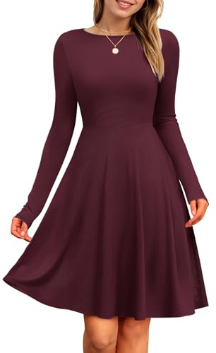 PLOKNRD Damen Strickkleid Herbst Langarm Kleider Elegant A-Linie Rundhalsausschnitt Freizeitkleid Winterkleid (Burgunderrot,M)