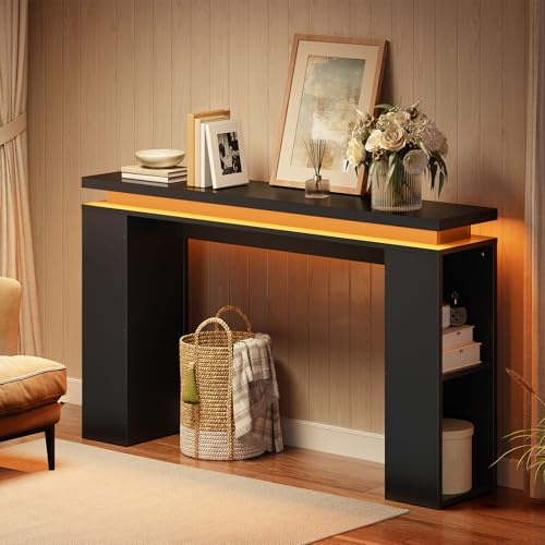 HOOBRO 47.2 Console Table with LED Lights, Narrow Entryway Table with Floating Tabletop, Sofa Table, Behind Couch Table for Hallway, Living Room, Adjustabl Side Shelves, Black BK120DXG01