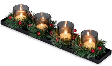 Sziqiqi Adventskranz Länglich Metall Adventsteller: Schwarz Adventsgesteck Teelichthalter Weihnachten mit Rauchglas und Weihnachtskranz Klein - Modern Adventskranz Kerzenständer für Tischdeko