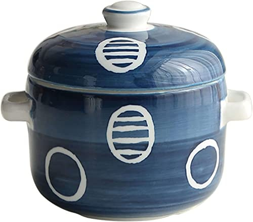 keramiska skålar, soppkålar Löksoppeskål med handtag och lock, 500 ml keramikskål, mikrovågs- ​​och ugnssäker, 13,5x11x11,8 cm-blå(Blu)