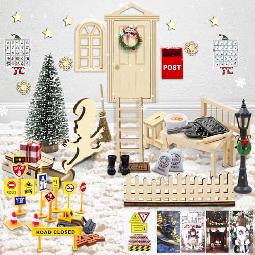 65 Stück Wichtel Set Weihnachten Komplett, Wichtel Baustelle, Backset, Adventsakelnder 2025, Magischer Tür, Schilder und mehr Zubehör für die Adventszeit, DIY