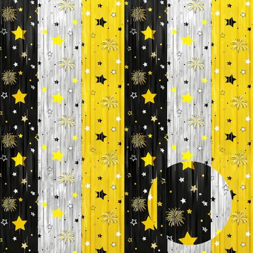 DPKOW 2 Pack Black and Gold Star Fireworks Foil Fringe Curtains New Years Decorations 2026 NYE Party Favors New Years Eve Party Supplies 2026, Each 3.3X6.6 ft Metallic Tinsel Curtains Fringe Streamers