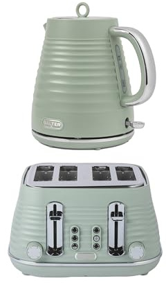 Salter Ripple Sage Toaster & Kettle Set – 4-Slice 1630W Toaster, 6 Browning Levels, Defrost/Reheat/Cancel, 1.7L Rapid Boil Kettle with Removable Limescale Filter, Auto Shut-Off, Textured Design | 6 Browning Levels, Self Centring Guides, Defrost/Reheat/Cancel Buttons, Removable Limescale Filter, Auto Shut Off