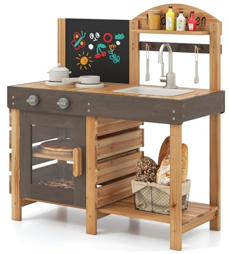 DREAMADE Matschküche Kinder Outdoor, Kinderküche aus Tannenholz mit Wasserhahn & Spüle & Tafel & Herd & Backofen, Spielküche mit 5 TLG. Zubehör, Outdoor Küche für Jungen & Mädchen ab 3 Jahren