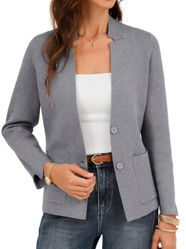 GRACE KARIN Damkoftor eleganta, v-ringad button down blazers för kvinnor Storbritannien, höstkoftor stickade jacka fickor, Grått, M