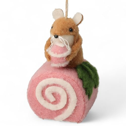 MIJOMA Filz Weihnachtsanhänger Maus auf Kuchen - Christbaumschmuck zum Hängen - Deko für Weihnachten & Winter - Skandi Stil (Biskuitrolle rosa)