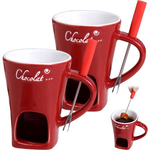 Tasse à fondue au chocolat avec fourchette 2 pièces tasse à fondue au chocolat en céramique avec poignée, grotte pour bougie chauffe-plat et trou pour tenir la fourchette, bougie chauffe-plat non inc