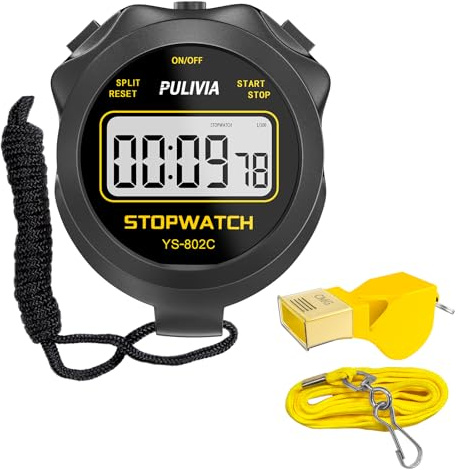 PULIVIA Stopwatch Timer Only Stopwatch Mode with Whistle, ON/OFF Silent Large Display Simple Operation, Digital Stop-watch for Sports Coaches PE-teachers Referees, Black