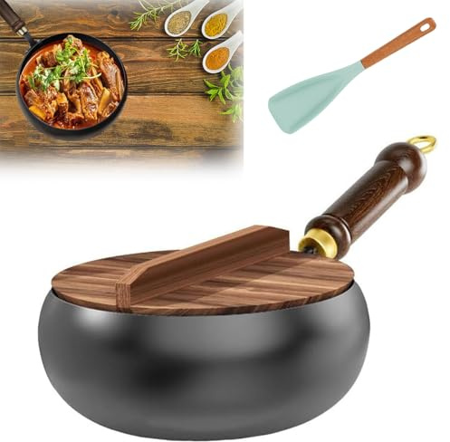 Casseruola in ghisa da 28 cm con coperchio in legno, forno olandese antiaderente forgiato a mano, ideale per cucinare e cuocere a fuoco lento, resistente padella in ferro non smaltato
