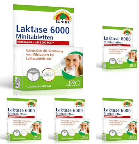 SUNLIFE Laktase 6000 Mini-Tabletten - 1 x 100 Stück - hochwertige Laktasetabletten mit 6.000 FCC pro Tablette - hochdosierte Laktoseintoleranz Tabletten - gluten- & sojafreie Laktose Tablette