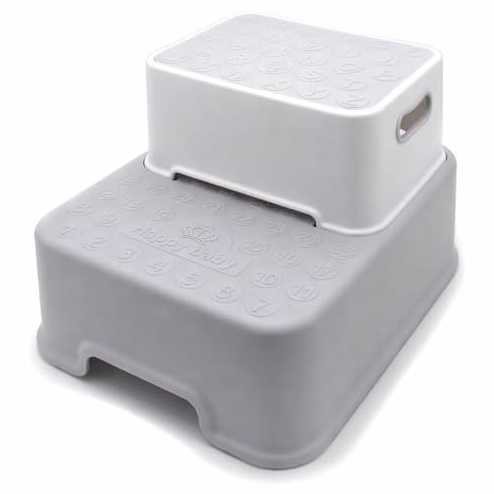 Greenfields Bathroom Step Stool for Kids, Double Height Extra Wide Toddler Step Stool with Non-Slip Feet, Sturdy Plastic Sink & Toilet Training Helper (Grey)