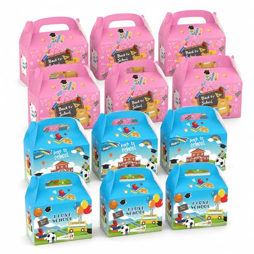 12 Stück Geschenktüten Einschulung Mädchen & Jungen - Papiertüten mit Henkel für Schulanfang, Geschenktasche Zweifarbig als Geschenkverpackung, Kleine Geschenk Tüten für Gastgeschenke