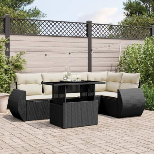 GeenYuu 6-TLG. Garten-Sofagarnitur mit Kissen Schwarz Poly Rattan, wetterfestes Lounge-Set mit Tisch und Sitzgruppe für Terrasse Balkon und Outdoor, pflegeleichtes Rattan Möbel