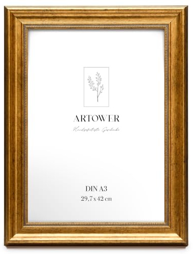 Artower® Barock Bilderrahmen DIN A3 29,7x42 cm Gold | Breiter Vintage Fotorahmen Gold Antik | Eleganter Rahmen für Fotos, Poster & Kunstdrucke | Goldener Bilderrahmen im Barockstil