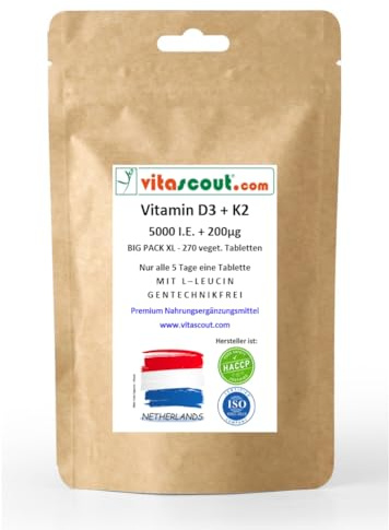 Vitamin D3 5000 IU Depot + K2 200µg + L-Leucin 30mg – 270 vegetarische Tabletten – Optimale Aufnahme im Körper – Nur eine Tablette alle 5 Tage – Hochdosiert - Ohne Gentechnik
