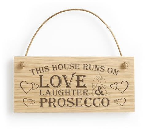 Red Ocean This House Runs On Love Laughter & Prosecco Home Decor Funny Poem Hanging Wooden Plaque Sign Gift