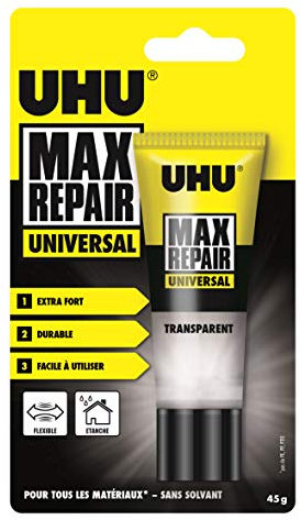 UHU Max Repair universal - Colle puissante et flexible, transparente, idéale pour les chaussures, le caoutchouc, le cuir, tube 45g