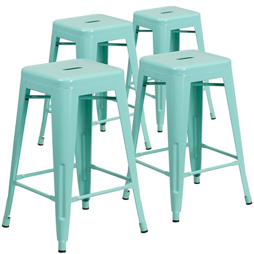 Flash Furniture Barhocker, kommerzielle Qualität, 61 cm hoch, ohne Rückenlehne, Metall, für Innen- und Außenbereich, Thekenhöhe, quadratische Sitzfläche, Eisen, Kunststoff, minzgrün, 4 Stück