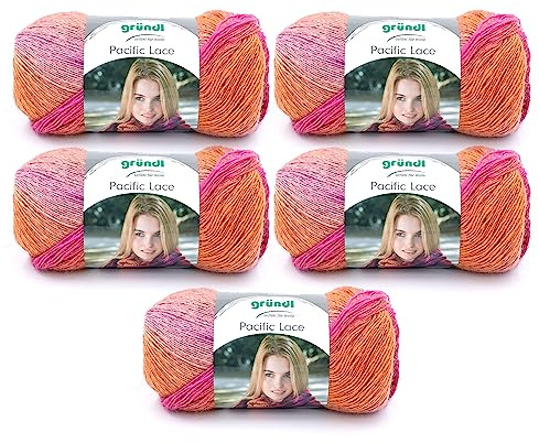 Gründl Pacific Lace (Farbverlaufsgarn mit wollartigem Charakter aus 80% Polyacryl, 10% Wolle, 10% Alpaka, 100 g / 550 m, Nadelstärke: 2,5 mm - 3 mm, 5 x 100 g), hibiscus