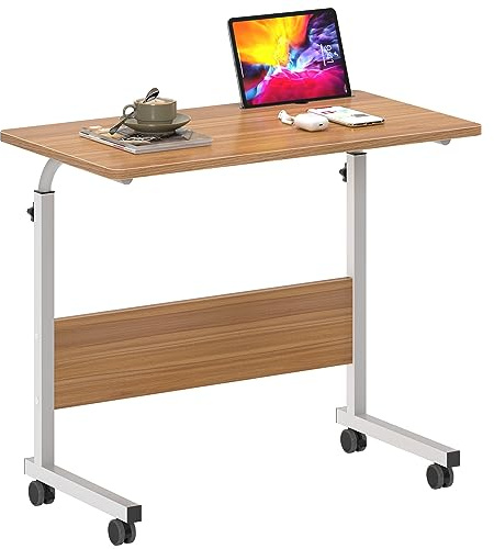 SogesHome Laptoptisch 80 * 40cm höhenverstellbar PC-Tisch mit Rollen, Betttisch, Beistelltisch,Kleiner Schreibtisch,Oberfläche mit Einschnitt,Teak 05#3-80OK-SH