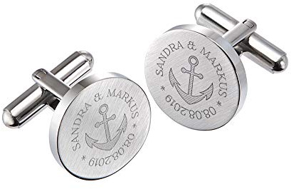 Gravado runde Manschettenknöpfe aus mattem Edelstahl mit Anker Gravur, Personalisiert mit Namen und Datum, inkl. Geschenkbox, Herren Schmuck