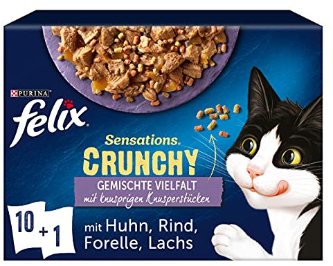 FELIX Sensations Crunchy Katzenfutter nass in Gelee, Sorten-Mix, 6er Pack (6 x 10 Beutel à 85g)