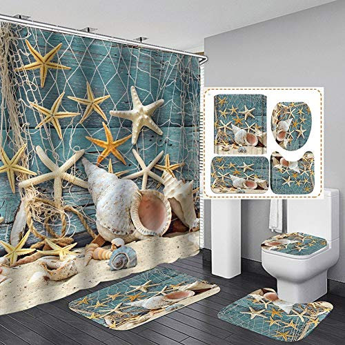 Bullpiano Seastar Duschvorhang Set Muscheln Seestern Strand Bad Duschvorhang mit rutschfesten Teppichen Toilettendeckel und Badematte, Stoff Wasserdichtes Badezimmerzubehör Set mit Vorhanghaken (A)
