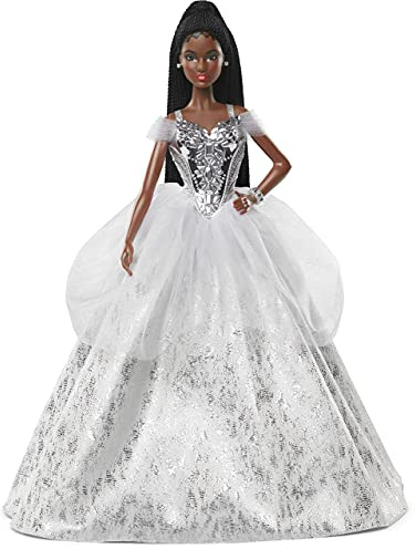 Barbie GXL22 - Signature 2021 Holiday Puppe (30 cm, Brünettes, Geflochtenes Haar) im Silbernen Kleid Mit Puppenständer und Echtheitszertifikat, Geschenk für Kinder Ab 6 Jahren