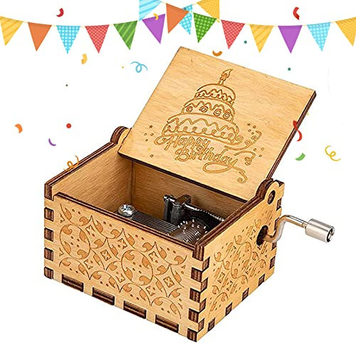 Basetousual Buon Compleanno Carillon a Manovella, Mini Carillon a Manovella in Legno, Carillon a Manovella in Legno Decorativo Intagliato Vintage, Bambini Amici Carillon Famiglia Regali di Compleanno