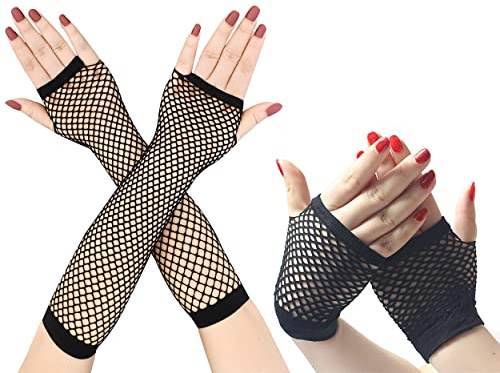 IRYNA 2 Pairs Fishnet Gloves - Long and Short Fingerless, Women's 80s Net Mesh, Stretchy Retro Hand Accessories for Dance, Disco, Fancy Dress Costume, Party Supplies