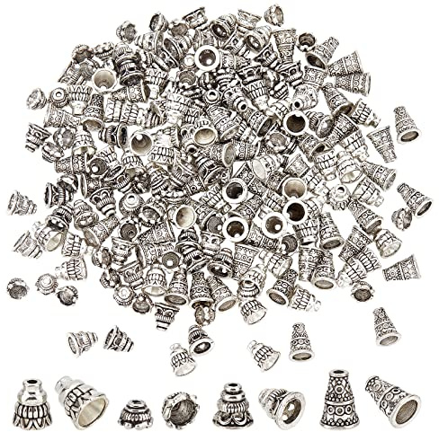 PandaHall Pagoden-Perlenkappen, 200 Stück 4 Stile Tibetan Style Bead Cones 7.5~10mm Alloy Bead End Spacers Antique Silver Beads Terminators Für DIY Ohrring Armband Anhänger Schmuckherstellung