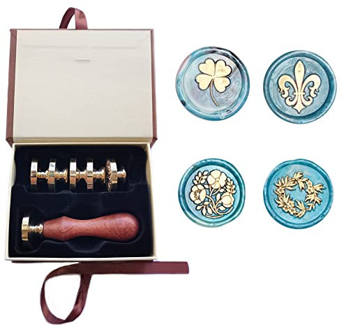 Blumen-Wachssiegel-Stempel-Set, PORXFLY 6-teiliges Pflanzen-Wachssiegel-Stempel-Set, personalisierter Vintage-Stempel für Briefkarten, Einladungen, Geschenkverpackung (4 Stück Blumen und Pflanzen)