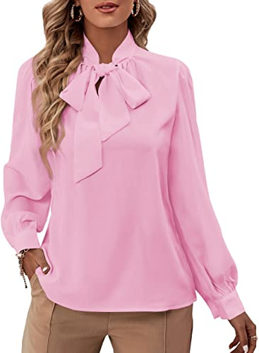 Rooscier Blusa elegante de gasa con cuello de pajarita de manga larga con puño de botón para mujer, Rosa bebé, Medium