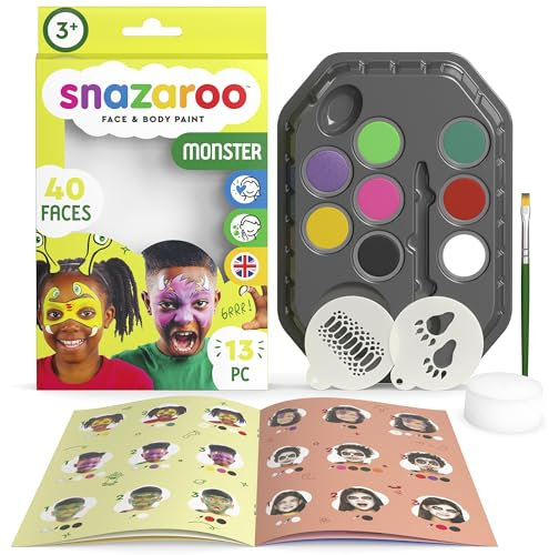 Snazaroo Kit de Maquillage pour Enfants Monstres - 8 Couleurs, 2 Stencils, 1 Pinceau, 1 Éponge, 1 Guide, Maquillage à Base d'eau, Peinture pour Le Visage