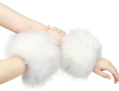 Asudaro Damen Fell Manschette Stulpen Pulswärmer Faux Pelz Armstulpen Faux Fur Wrist Band Ring Cuffs Wärmer Winter Warme Wrist Band Cuffs Wärmer Handschuh Manschetten für Frauen Weiß