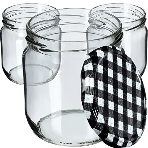 KADAX Barattoli per marmellata, 425 ml, con tappo a vite, barattoli con tappo a vite, barattoli per marmellate, confetture, miele (nero a quadretti/12 pezzi)